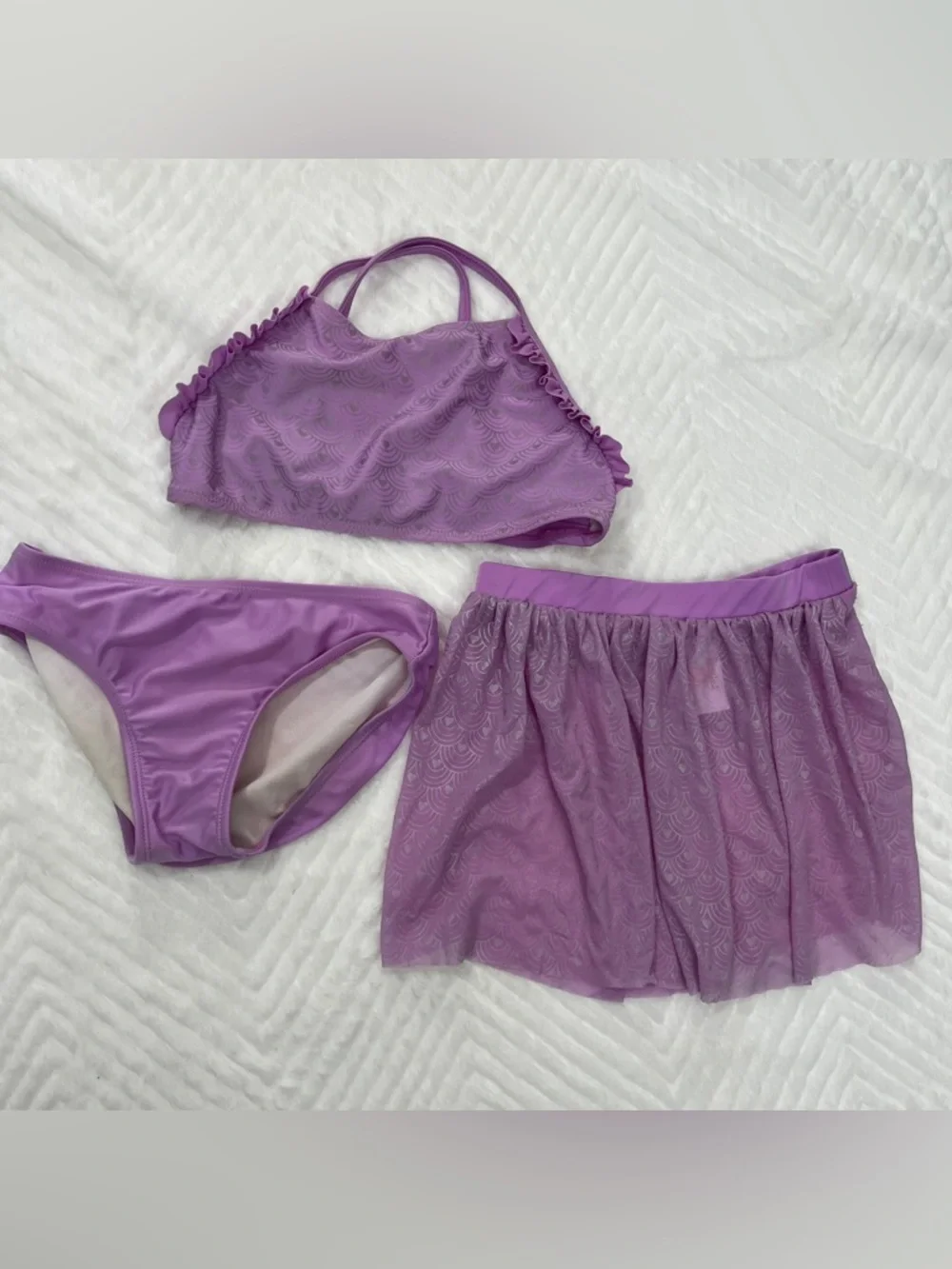 Lilac Girls 3-Piece Swim Set Purple Bikini Top Bottom Skirt medium cat & Jack